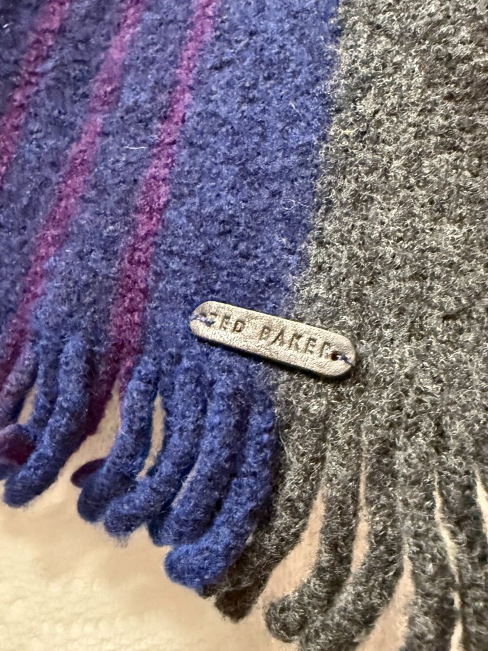 Ted Baker Lambswool Striped Ascot Scarf - Short Wrap 35 inch - Blue/Purple/Grey